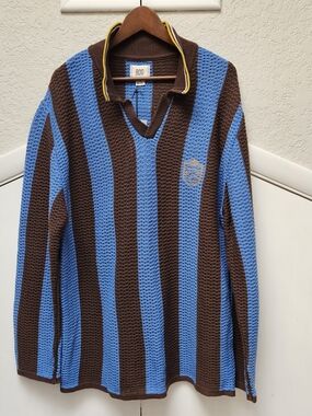​NWT BDG Urban Outfitters Striped Open Knit Polo Sweater Light Blue Brown Large